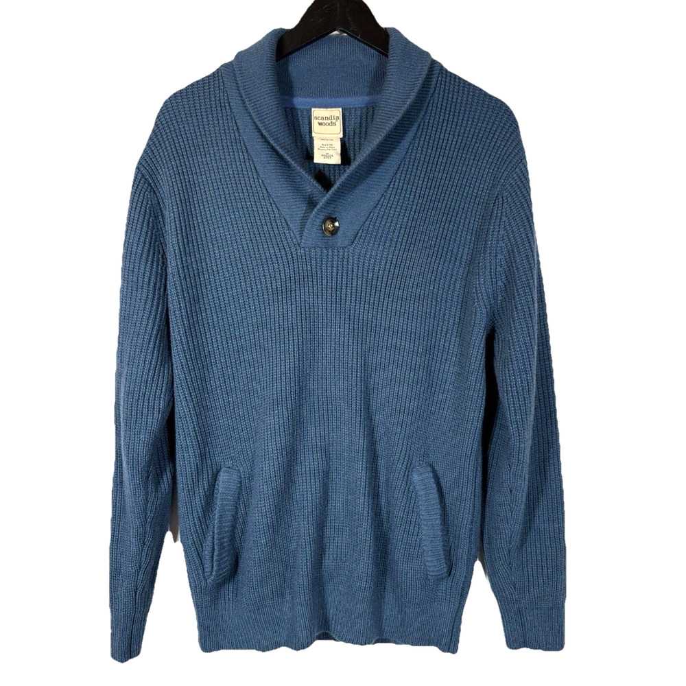 Blue Shawl Neck Sweater Men Medium Scandia Woods Preppy Pockets Button